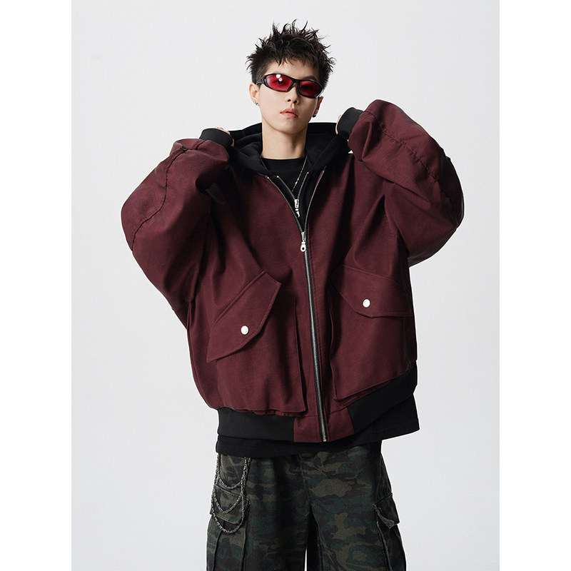 假两件拼接连帽拉链皮衣外套夹克宽松飞行服男百搭409-J200-P128,男装夹克,星座409(原A307）