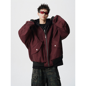 假两件拼接连帽拉链皮衣外套夹克宽松飞行服男百搭409-J200-P128,旅游穿什么凉鞋好看百搭图片