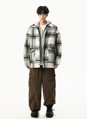 2025秋冬装毛呢大衣假两件连帽短款格子呢子外套409-DY58-P118