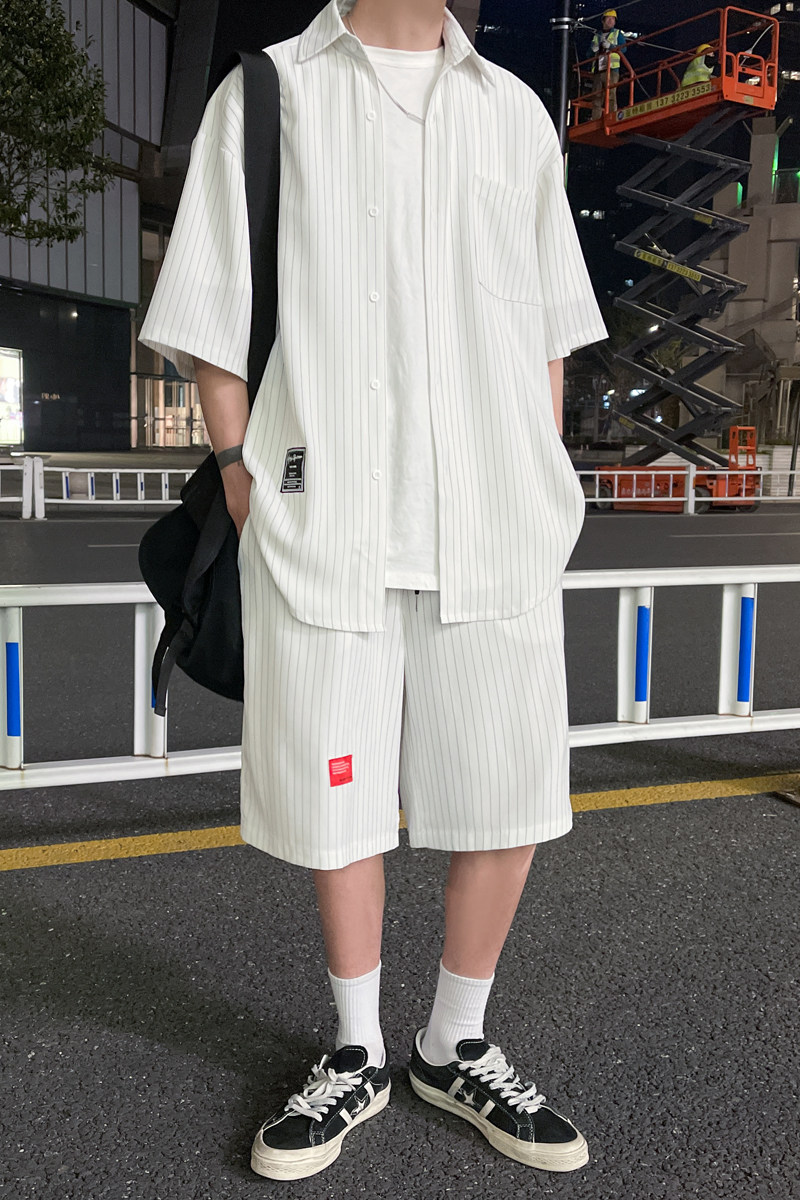 条纹短袖衬衫男夏季新款韩版潮流痞帅衬衣两件套装404-2-TZ12,男装休闲套装,星座409(原A307）