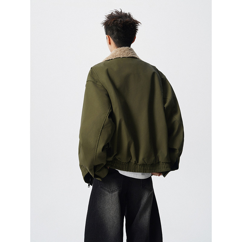 美式cleanfit羊羔绒翻领拼接夹克男短工装外套潮409-J216-P125,男装夹克,星座409(原A307）