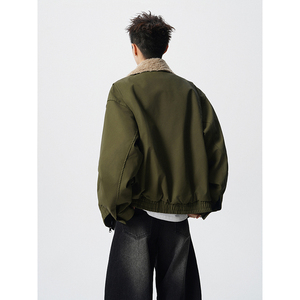 美式cleanfit羊羔绒翻领拼接夹克男短工装外套潮 409-J216-P125图片