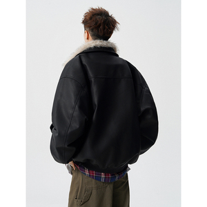美式复古座山雕毛领皮面棉服加厚短款皮毛一体外套409-J225-P138图片
