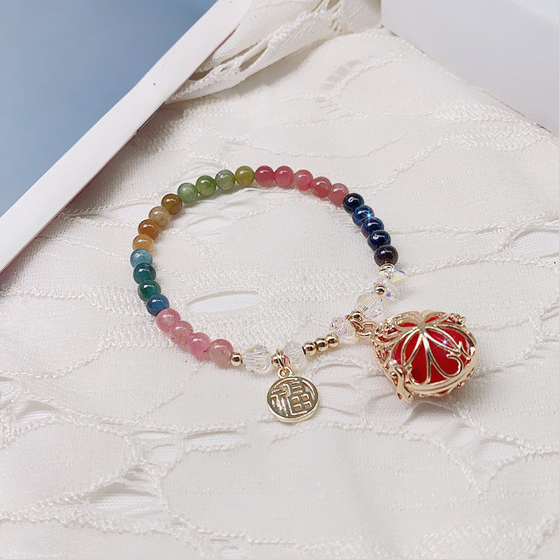 向前一步是幸福 巴西老矿彩虹色碧玺福字手链奥地利水晶水滴手串