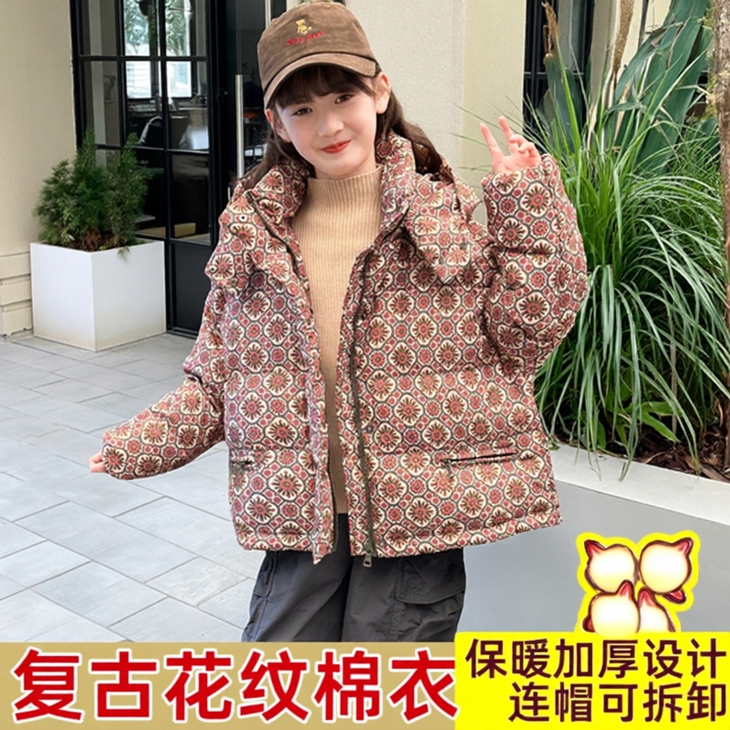 2025男女童复古花纹短款棉衣外套