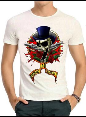 摇滚Guns'N'Roses枪炮与玫瑰枪花乐队印花短袖 圆领白色T恤 男女