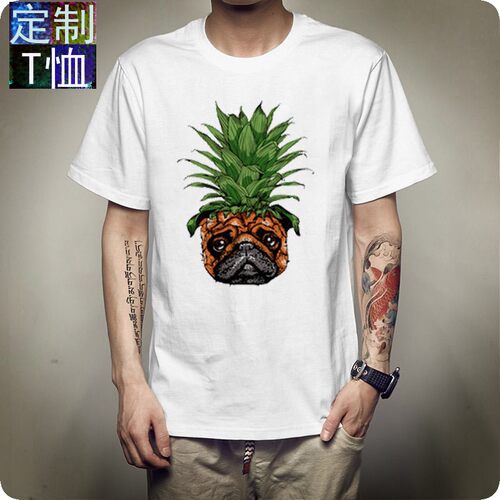 外贸热销款Pineapple Pug菠萝巴哥犬男士T恤夏季定制男女情侣T恤
