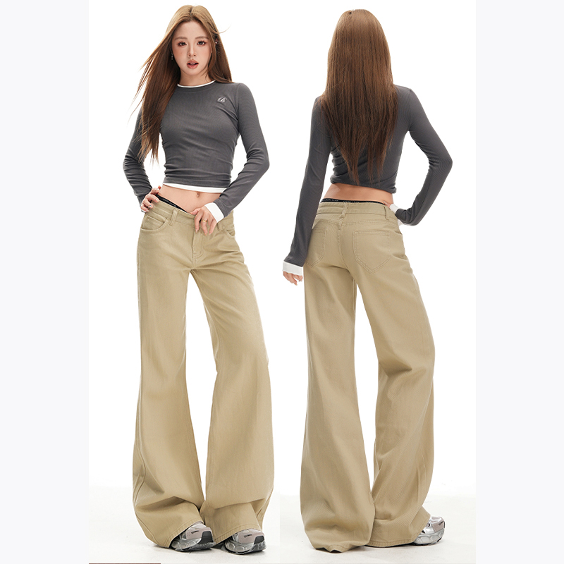 美式复古卡其微喇牛仔裤女春秋季新款小个子大码小众棕色喇叭裤子