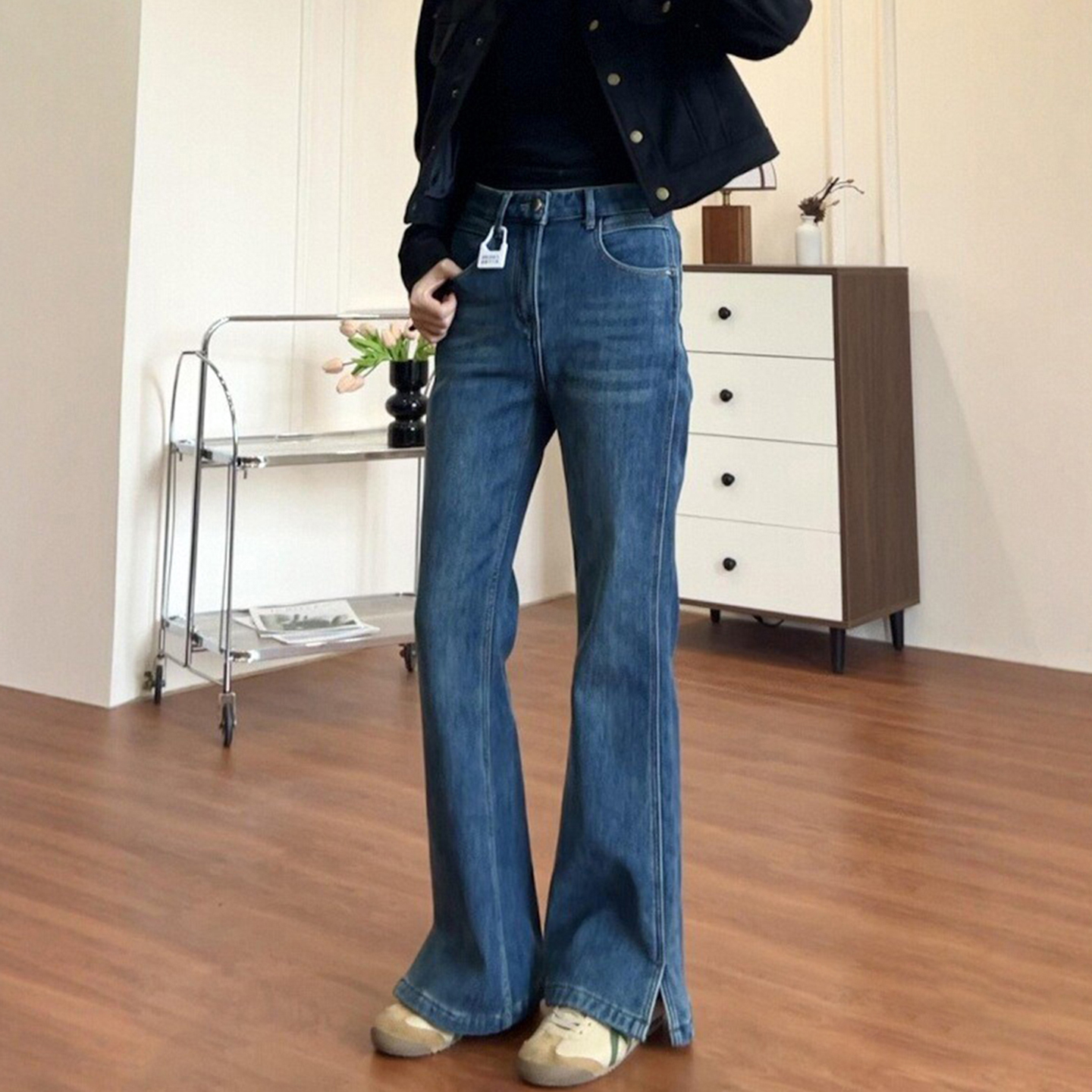 开叉微辣喇牛仔裤女春秋季小个子大码潮流百搭高腰显瘦喇叭长裤子