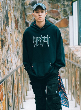 XPX 周柏豪 前胸胶浆团队印花撞钉连帽口袋卫衣