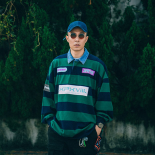 衬衫 横间撞色条纹团队LOGO印花Polo长袖 周柏豪 XPX