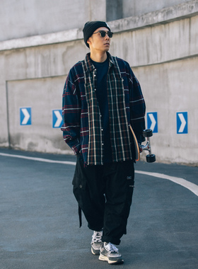 XPX 周柏豪PATCHED CHECKED WOOL  格仔拼接色长袖厚衬衣外套