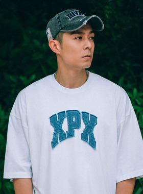 XPX 周柏豪 团队流苏牛仔贴布印花短袖T恤