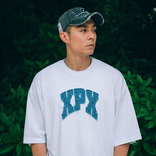 团队流苏牛仔贴布印花短袖 T恤 周柏豪 XPX