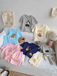 G家jc夏季 130 套装 T恤短裤 新款 男女童卡通纯棉毛巾绣短袖