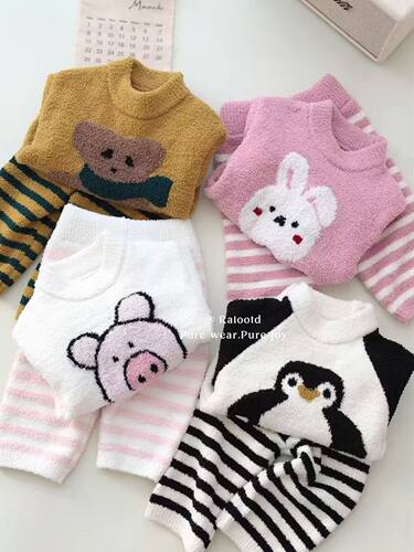 婴幼儿73-120码半边绒分体套装加绒套头春秋冬保暖上衣裤子