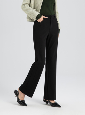 秋奕女裤2024秋季新款黑色料子长裤高腰时尚百搭鱼尾微喇裤65527