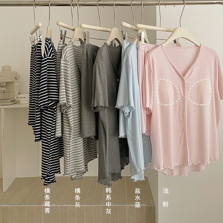 3233莱赛尔天丝睡衣女夏短袖带罩杯条纹开衫家居服感激感显瘦套装