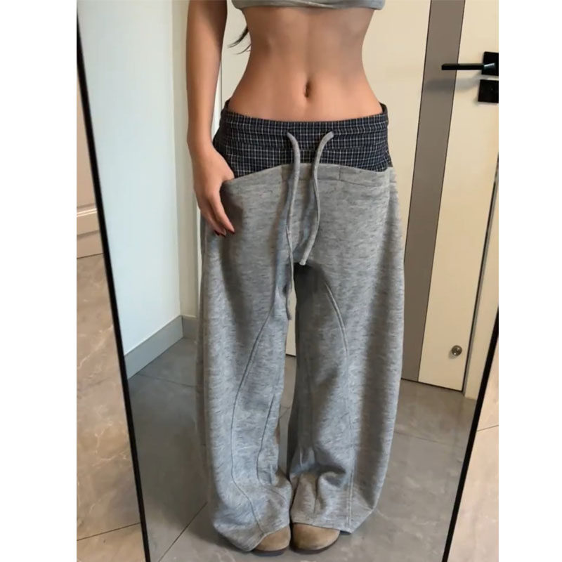 美式vibe大码不规则格纹拼接抽绳设计休闲裤女辣妹宽松阔腿拖地裤,女装/女士精品,大码裤装,淘宝优惠券,粉丝福利购,淘宝优惠卷