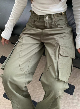 美式街头高街宽松直筒军绿色工装牛仔裤大码女装高腰阔腿裤显瘦潮