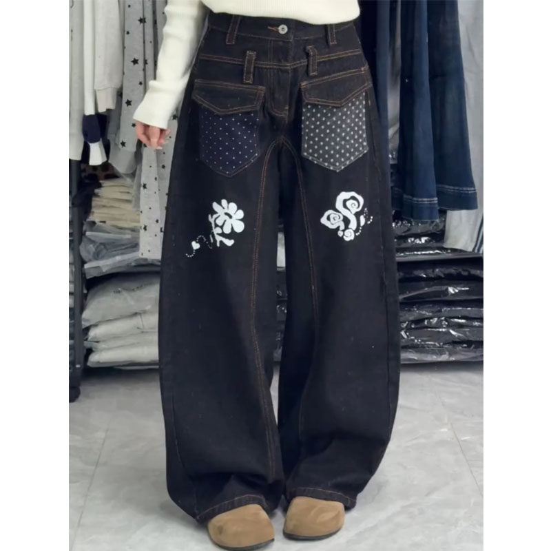 美式街头复古波点拼接双口袋解构牛仔裤女大码宽松高腰阔腿弯刀裤,女装/女士精品,大码裤装,淘宝优惠券,粉丝福利购,淘宝优惠卷