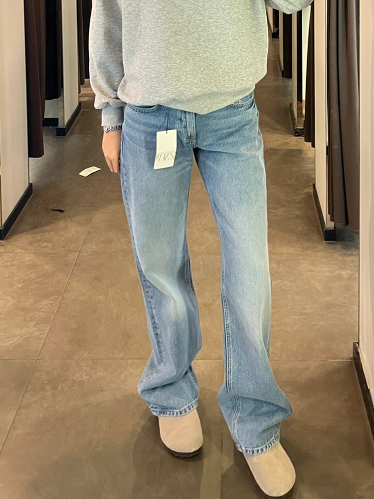 아메리칸 스트리트 바이브 라이트 블루 청바지 플러스 사이즈 여성 가을 ??겨울 신상 루즈 슬리밍 하이 웨이스트 바닥 길이 스트레이트 팬츠