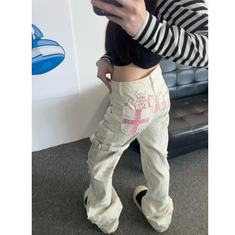 美式街头复古水洗星星做旧微喇牛仔裤女大码女装宽松阔腿休闲长裤,女装/女士精品,大码裤装,淘宝优惠券,粉丝福利购,淘宝优惠卷