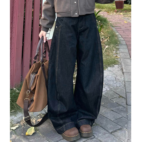 美式弯刀阔腿牛仔裤男大码女装秋冬新款复古宽松休闲直筒长裤子潮