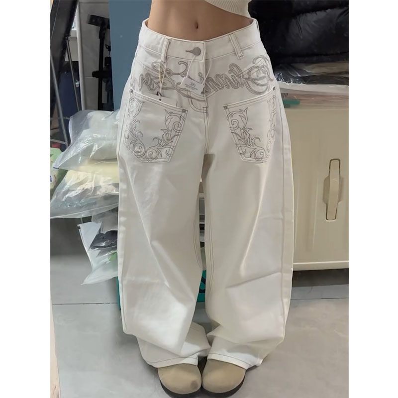 美式街头复古水洗反穿白色弯刀牛仔裤女大码刺绣宽松显瘦阔腿长裤,女装/女士精品,大码裤装,淘宝优惠券,粉丝福利购,淘宝优惠卷