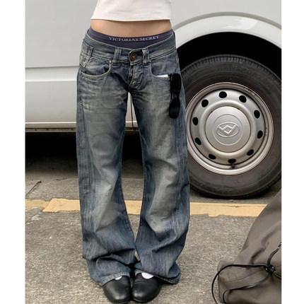 大码美式复古做旧牛仔裤女秋季2025新款宽松显瘦直筒阔腿长裤子潮