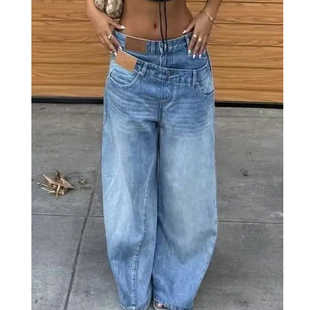 街头宽松直筒阔腿长裤 大码 女新款 vibe做旧假两件扭腰牛仔裤 潮 美式