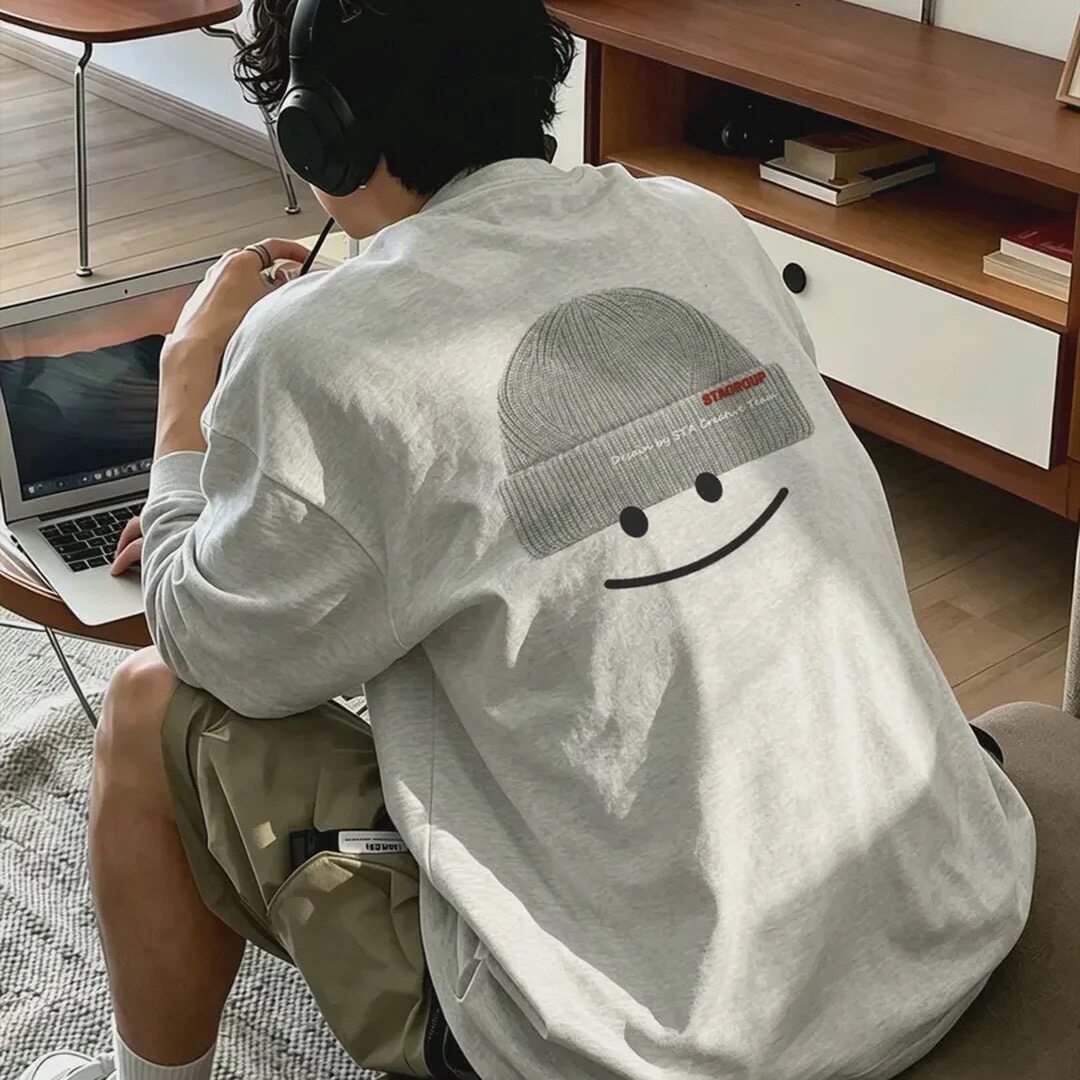 秋季新款趣味印花纯棉长袖T恤男宽松百搭打底ins上衣打底衫潮牌酷
