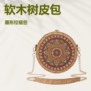 波西米亚风复古印花软木树皮女包圆形包女单肩斜挎包轻奢高级感