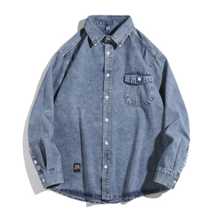 潮牌宽松痞帅青少年初中高中学生褂子 夹克外套男秋冬款 牛仔衬衫 式