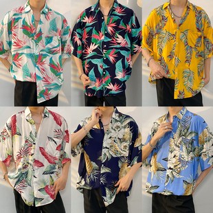 衬衣 男女宽松设计感情侣夏威夷沙滩短袖 港式 古着风vintage花衬衫
