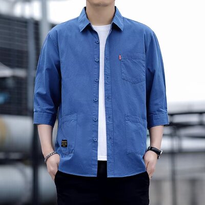 夏季七分袖中袖工装纯棉衬衫