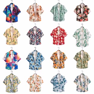 型男日系复古休闲短袖 宽松大码 衬衣 男夏季 夏威夷沙滩帅气印花衬衫