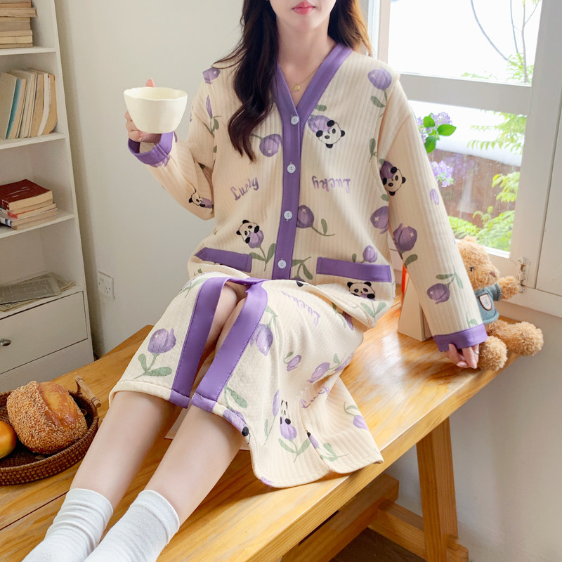 可爱风长袖卡通睡裙女抗菌防螨春秋冬季月子服带胸垫哺乳衣可外穿