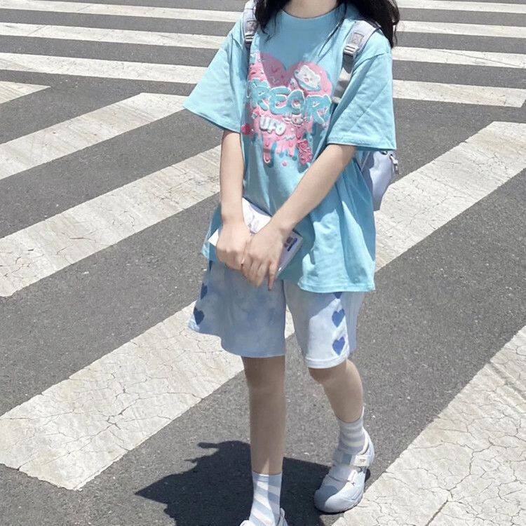 宽松休闲运动套装女夏季学生韩版时尚洋气短袖短裤跑步服两件套