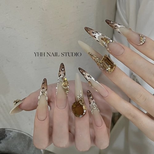 高端手工定制光疗穿戴美甲华子豹纹金色咖色香槟满钻可拆卸长甲片