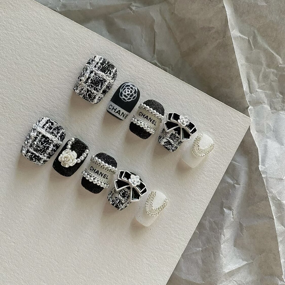 短款手工定制光疗穿戴美甲婚甲夏黑白小香风蝴蝶结孕妇新娘可拆卸