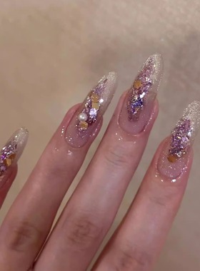 手工定制穿戴美甲中长款爆闪珍珠紫色裸色婚甲新娘孕妇可拆卸甲