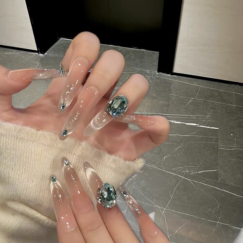 手工定制穿戴美甲超长湖蓝绿钻微笑会动猫眼裸色渐变新娘婚甲孕妇