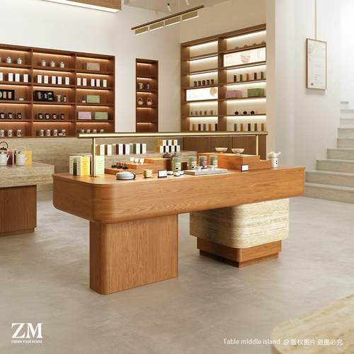 中岛台长桌带灯文创店茶室器皿陈皮保健品展示柜卖场特产商品陈列