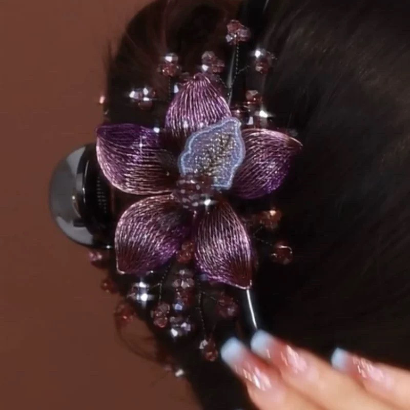 高端复古抓夹女2024新款手工编织蝴蝶水晶鲨鱼夹优雅时尚发夹头饰