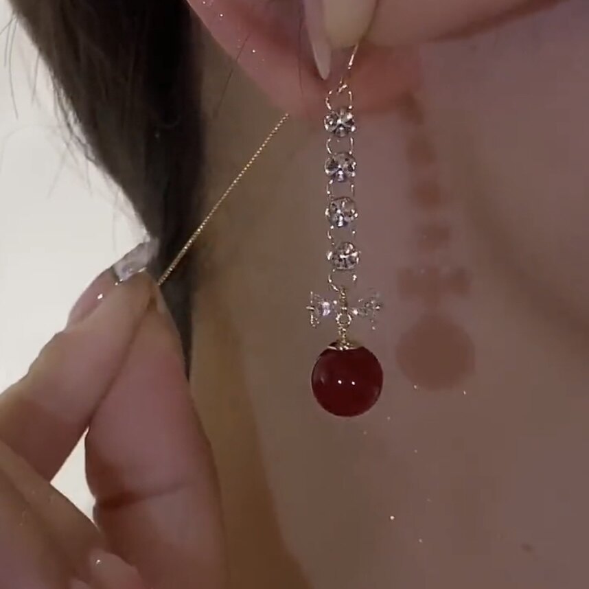 水钻流苏蝴蝶结红色红豆耳环