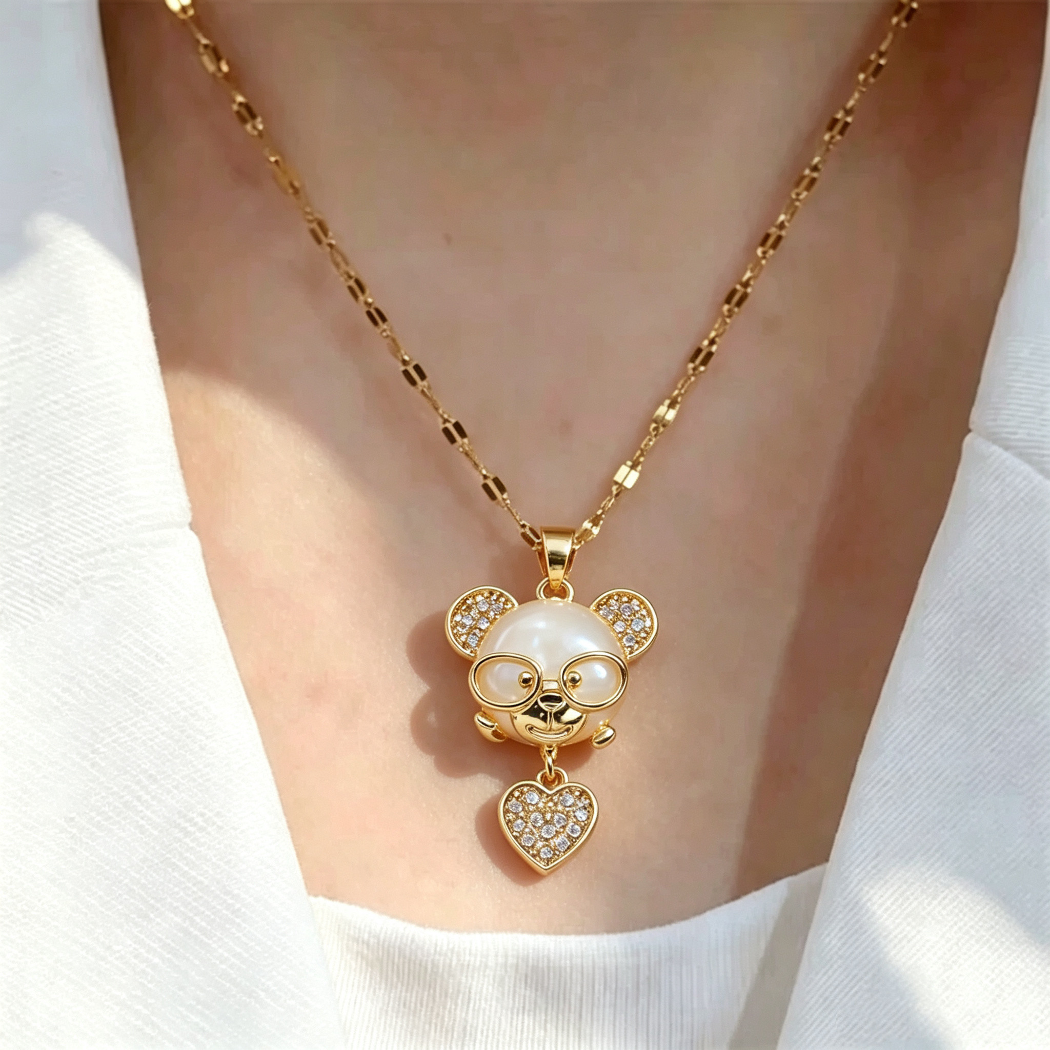 项链女日韩风猫眼石网红小熊项链锆石小众新款设计感气质钛钢项