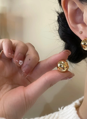 S925银针金珠珠耳钉简约百搭通勤金豆豆耳环女小众简约高级感耳饰