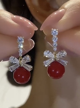 蝴蝶结酒红色珠珠耳扣耳环女新年喜庆红网红百搭耳饰2024新款气质