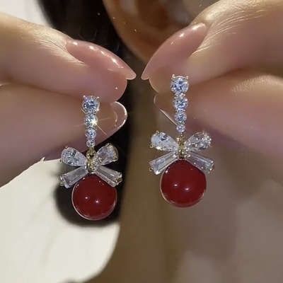 2024年新款潮蝴蝶结红色珍珠